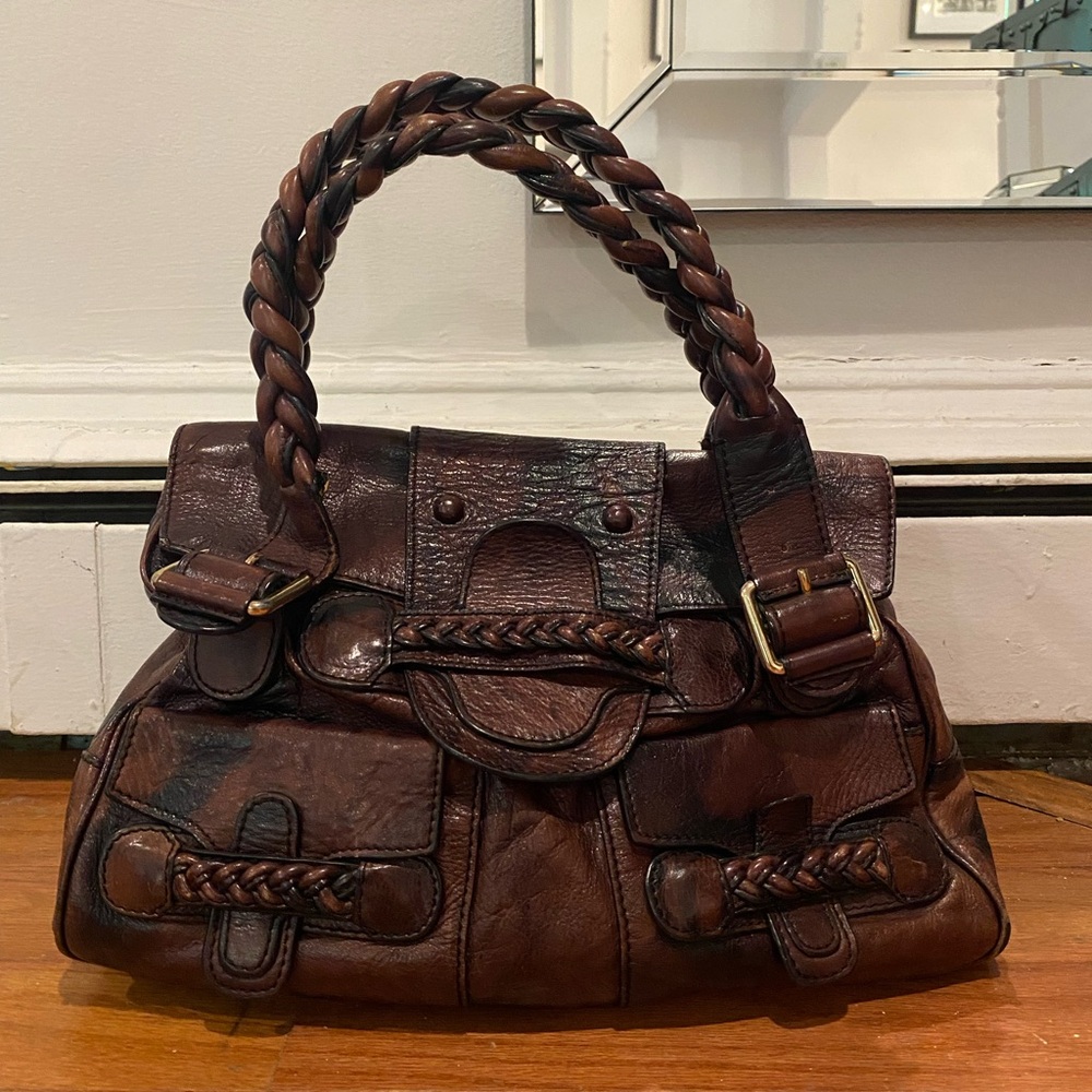 Valentino Garavani Chocolate Leather Braided Histoire Shoulder Bag